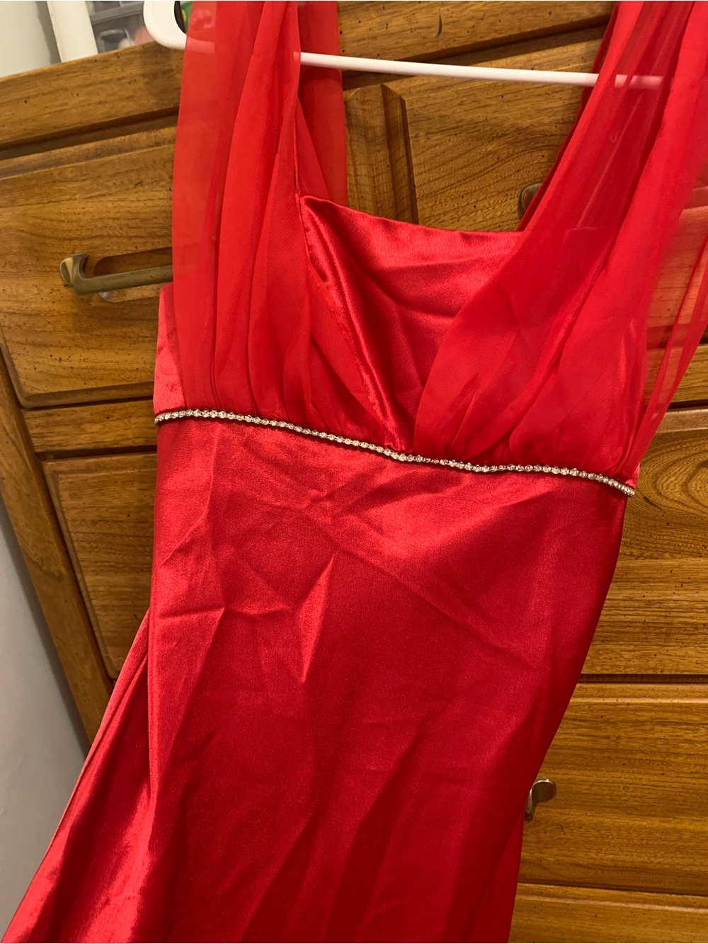 Red Satin V-Neck Chemise with Rhinestone Trim